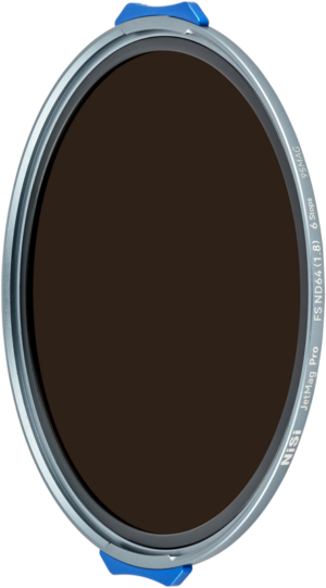Circular dark camera lens filter with metal edge and two blue tabs, labelled NiSi JetMag Pro 95 Filter FSND64 (1.8) 6stop.