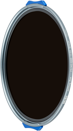 800q-01_131179 The NiSi JetMag Pro 95 filter FSND1000 (3.0) 10stop is a round camera lens filter with a metal rim, dark glass centre and blue tabs above and below.