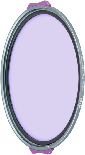 800q-01_131182 The NiSi JetMag Pro 95 Natural Night round photographic lens filter with a light purple tint has metallic grey and purple highlights around the edge.