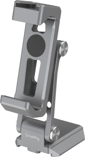 800q-01_131255 The SmallRig 5338 Phone Support for Arca-Standard is a grey, adjustable metal bracket with swivel joints, a sturdy base and a clamp to hold your smartphone firmly in place.