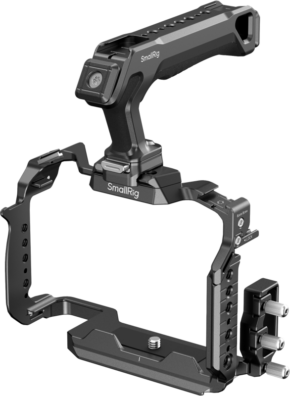 800q-01_131304 The SmallRig 4903 Cage Kit for the Panasonic LUMIX S1R II is a black cage with a removable top handle and multiple attachment points and locations for camera accessories.