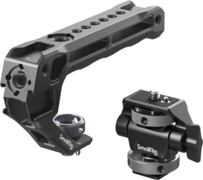 800q-01_131320 SmallRig 5322 Top Handle Kit with Monitor Support Kit includes a black metal handle with multiple mounting holes, an attached screw knob and a separate adjustable cold shoe mount, all with the SmallRig logo.