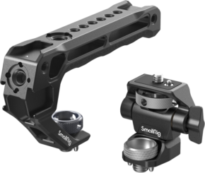 SmallRig 5323 Top Handle kit with Monitor Support Kit sisältää mustan metallikahvan, jossa on useita kiinnitysreikiä, lukitusnuppi ja sopiva lisävarustekiinnike, jossa on säätönupit.