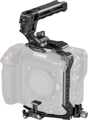 800q-01_131322 The Canon EOS C features the SmallRig 5136 Cage Kit for Canon EOS C80 in black metal with a top handle for added protection and versatile accessory mounting. The camera's faded body highlights the cage kit and handle.
