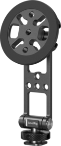 Musta metallinen SMALLRIG 5156 Support with Cold Shoe Mount puhelimille, jossa on pyöreä asennuslevy, säädettävä varsi, useita ruuvinreikiä ja kuvioitu kiristysnuppi pohjassa.