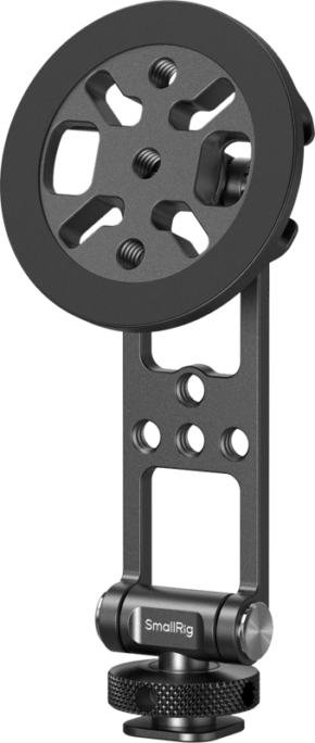 800q-01_132719 Musta metallinen SMALLRIG 5156 Support with Cold Shoe Mount puhelimille, jossa on pyöreä asennuslevy, säädettävä varsi, useita ruuvinreikiä ja kuvioitu kiristysnuppi pohjassa.
