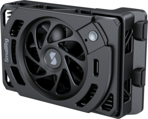 800q-01_132720 The SmallRig 5063 cooling fan for Canon EOS R5 Mark II & R5 is a black rectangular unit with a circular fan, vented housing and control button, designed to be mounted on cameras or electronic devices.