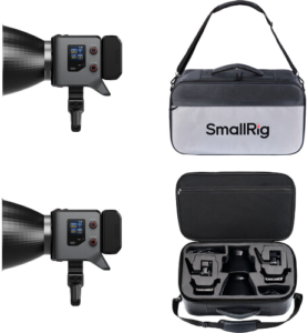 800q-01_132780 The SMALLRIG 5415 RC 220B PRO COMBO LED video light kit is shown from the side with control buttons and display, as well as open and closed SmallRig carrying cases with foam cut-outs for organized storage of lens components.