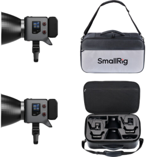 800q-01_132780 SMALLRIG 5415 RC 220B PRO COMBO LED-videovalaisinsarja näkyy sivulta, jossa on ohjauspainikkeet ja näyttö sekä avoimet ja suljetut SmallRig-kantolaukut, joissa on vaahtomuovileikkaukset objektiivin osien järjestettyä säilytystä varten.