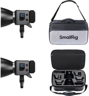 800q-01_132780 The SMALLRIG 5415 RC 220B PRO COMBO LED video light kit is shown from the side with control buttons and display, as well as open and closed SmallRig carrying cases with foam cut-outs for organized storage of lens components.