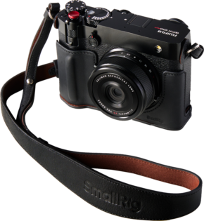 800q-01_132782 FUJIFILM GFX100RF digital camera in a black SmallRig 5267 leather case set with matching leather strap, Fujinon lens and visible top controls.