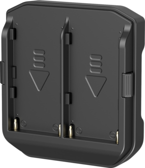 800q-01_132874 The SmallRig 4806 NP-F battery plate for RC 100 is a black, rectangular dual charger with two openings, each with a downward arrow and contact points at the bottom, and with rounded edges thanks to its simple design.