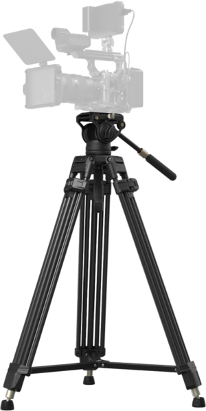 SMALLRIG 5111 HEAVY-DUTY TRIPOD KIT AD-80S, jossa on säädettävät jalat ja panoraamakahva, tukee ammattikäyttöön tarkoitettua videokameraa ja seisoo tukevasti vaaleaa taustaa vasten.