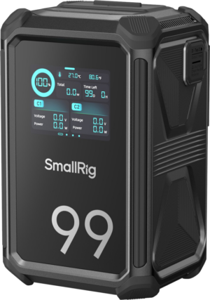 800q-01_133049 SmallRig 4984 X-Touch Smart Triple-Proof V-Mount -akku X99 on musta, ja siinä on karheat reunat, moderni muotoilu ja sinisellä valaistu digitaalinäyttö, jossa näkyy latausprosentti, jännite, teho ja lämpötila.