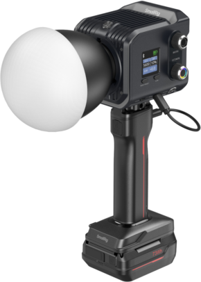 800q-01_133053 SMALLRIG 5383 RC 100C COB LED-videovalaisinsarjassa, musteensininen, on akkukahva, pyöristetty diffuusori, digitaalinen näyttö ja säätönupit kannettavaa, ammattimaista valaistusta varten.