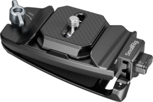Close-up of the SMALLRIG 5053 Camera Clip with Quick Release Mount Plate Kit with locking knob, textured screw plate and branded side mount for attaching camera equipment.