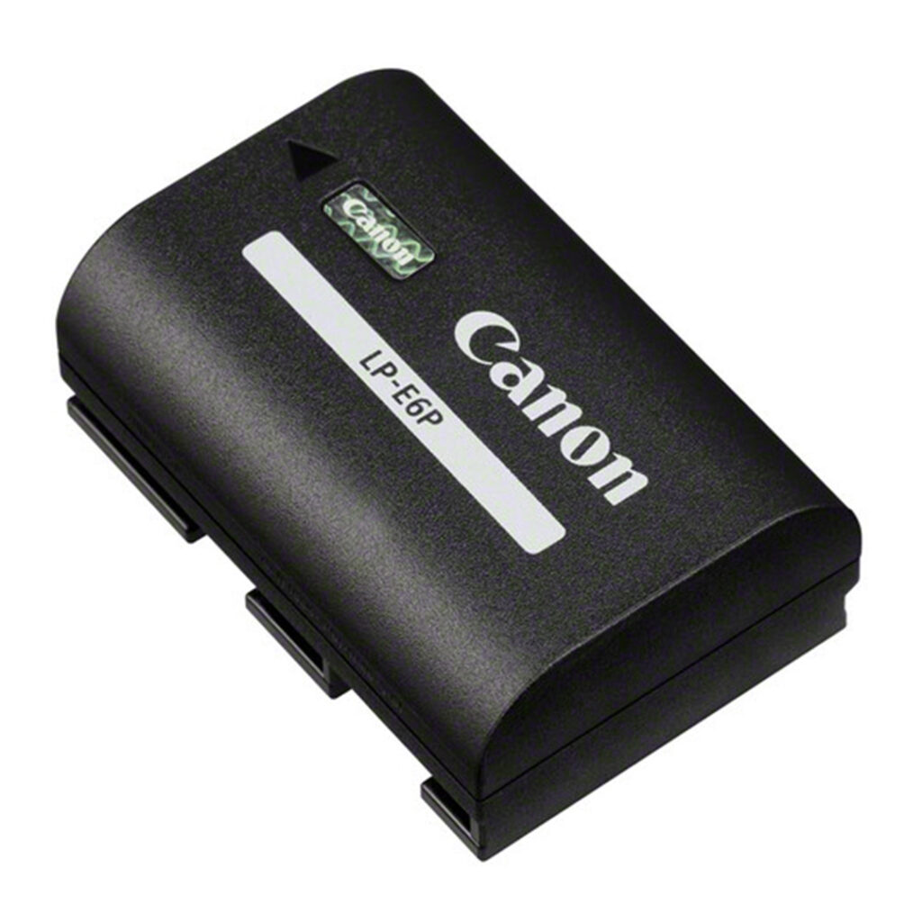 Battery_LP-E6P Black Canon LP-E6P battery with white text and hologram sticker in the top left corner against a white background.