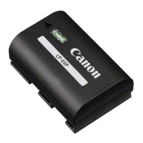Black Canon LP-E6P battery with white text and hologram sticker in the top left corner against a white background.