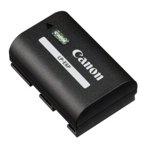 Battery_LP-E6P Black Canon LP-E6P battery with white text and hologram sticker in the top left corner against a white background.