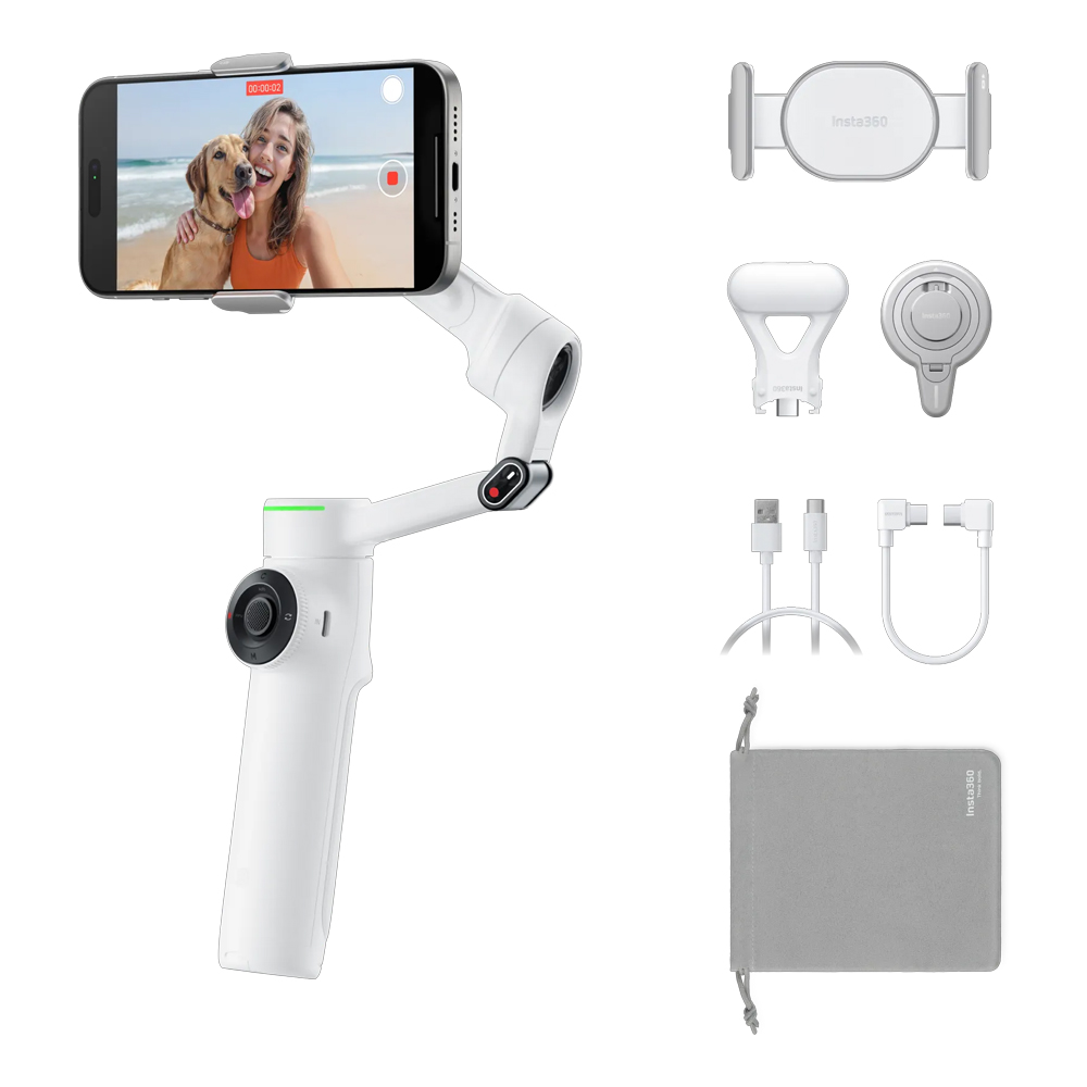 Insta360-Flow-2-Pro-Standard-White_0007 Insta360 Flow 2 Pro Creator Bundle Summit White on kannettava älypuhelimen kardaanivakaaja. Nipussa on asennettu puhelin, ja se sisältää puhelimen kiinnittimen, jalustan, latauskaapelit, pussin ja magneettikiinnikkeet.