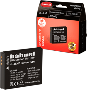 NB-4L Hähnel HL-4LHP (Canon NB-4L) ladattava litiumioniakku, jonka pakkauksessa on merkintä 3,7 V 760 mAh, sisältää turvallisuusohjeet ja akkuun painetun verkkosivuston linkin.