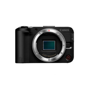 R50V_1 Black Canon EOS R50 V system camera body without lens, exposing the sensor and controls, features the Canon logo on the top right and the red REC button on the bottom right. Now €200 discount.