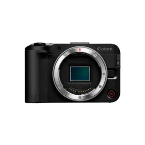R50V_1 Black Canon EOS R50 V system camera body without lens, exposing the sensor and controls, features the Canon logo on the top right and the red REC button on the bottom right. Now €200 discount.