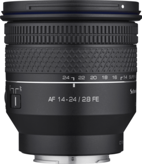Samyan14-24 A close-up of the Samyang AF 14-24mm f/2.8 - Sony FE lens highlights its black finish, engraved focus and zoom rings and textured grip patterns for precise handling.