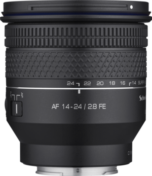 Samyan14-24 A close-up of the Samyang AF 14-24mm f/2.8 - Sony FE lens highlights its black finish, engraved focus and zoom rings and textured grip patterns for precise handling.