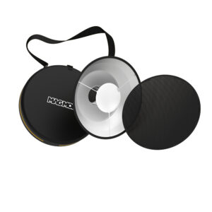 beauty dish1 The Magmod Beauty Dish XL 20 Pro Kit includes a black carrying case, a metal beauty dish reflector and a removable black honeycomb mesh, all on a white background.