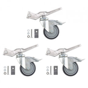 Avenger Wheel Kit with Locks A9000N 3-pack Silver sisältää kolme kääntyvää, metallijarruilla varustettua telapyörää, joista jokaisen mukana toimitetaan pultit, mutterit, aluslevyt ja metallilevyt asennusta varten, kaikki valkoisella pohjalla.