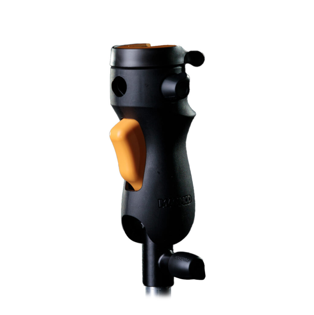 magshoe1 Magmod MagShoe 2 is a black and orange cylindrical industrial tool with a visible orange trigger and various buttons against a white background.