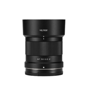 1744188436_940 The Viltrox AF 50mm f/2.0 Air lens for Nikon Z stands upright with a wide hood on a white background.