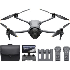 1747122454_1886937 DJI Mavic 4 Pro 512GB Creator Combo (DJI RC 2) -lennokki on musta, siinä on kamera, ja sen mukana toimitetaan kantolaukku, näytöllä varustettu kauko-ohjain, akun latauskeskitin ja kaksi lisäakkua.