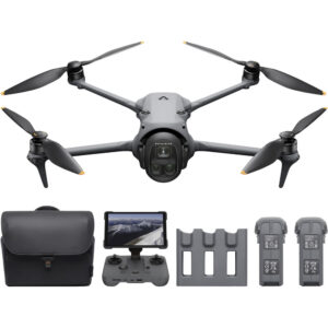 DJI Mavic 4 Pro 512GB Creator Combo (DJI RC 2) -lennokki on musta, siinä on kamera, ja sen mukana toimitetaan kantolaukku, näytöllä varustettu kauko-ohjain, akun latauskeskitin ja kaksi lisäakkua.