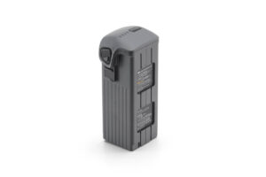 DJI Mavic 4 Pro Intelligent Flight Battery -akku on harmaa ladattava akkupaketti, jossa on harjanteiset sivut ja kaksi elektronisissa laitteissa käytettäväksi tarkoitettua etikettiä ja joka on kuvassa pystyasennossa valkoisella pohjalla.