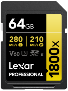 The Lexar Pro 1800x SDXC U3 (V60) UHS-II 64GB memory card offers up to 280 MB/s read and 210 MB/s write speeds, supporting V60, U3 and SDXC II standards.