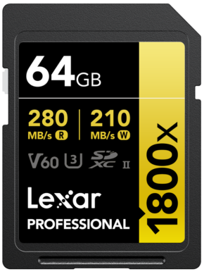 800q-01_117585 The Lexar Pro 1800x SDXC U3 (V60) UHS-II 64GB memory card offers up to 280 MB/s read and 210 MB/s write speeds, supporting V60, U3 and SDXC II standards.