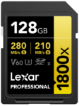 800q-01_117586 Lexar Pro 1800x SDXC U3 (V60) UHS-II R280/W210 128GB -muistikortti on musta-keltainen muistikortti, jonka lukunopeus on jopa 280 MB/s, kirjoitusnopeus jopa 210 MB/s ja jossa on näkyvät V60-, U3- ja SDXC II -symbolit.