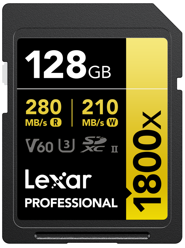 Lexar Pro 1800x SDXC U3 (V60) UHS-II R280/W210 128GB -muistikortti on musta-keltainen muistikortti, jonka lukunopeus on jopa 280 MB/s, kirjoitusnopeus jopa 210 MB/s ja jossa on näkyvät V60-, U3- ja SDXC II -symbolit.