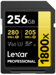 800q-01_117587 Lexar Pro 1800x SDXC U3 (V60) UHS-II R280/W210 256GB -kortti tarjoaa jopa 280 MB/s luku- ja 210 MB/s kirjoitusnopeuden. Siinä on musta ja keltainen muotoilu, ja se soveltuu erinomaisesti nopeaan tiedonsiirtoon ja 4K-videokuvaukseen.