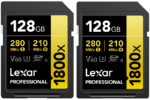 800q-01_119675 Kaksi Lexar Pro 1800x SDXC U3 (V60) UHS-II 128 Gt:n korttia (2-pack), joissa on merkinnät R280/W210 MB/s, V60, U3 ja SDXC II, on kuvattu vierekkäin mustalla ja keltaisella pohjalla.