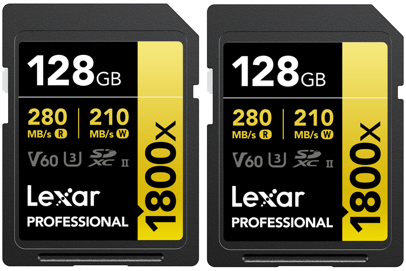 Kaksi Lexar Pro 1800x SDXC U3 (V60) UHS-II 128 Gt:n korttia (2-pack), joissa on merkinnät R280/W210 MB/s, V60, U3 ja SDXC II, on kuvattu vierekkäin mustalla ja keltaisella pohjalla.