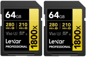 800q-01_121388 Two Lexar Pro 1800x SDXC U3 (V60) UHS-II R280/W210 64GB cards (2-pack) with 280 MB/s read, 210 MB/s write and black/yellow design.