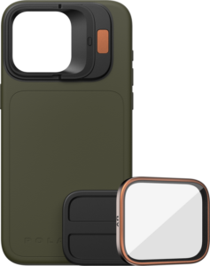 PolarPro Kit - LiteChaser iPhone 15 Pro -kotelo Forest on tummanvihreä kotelo, jossa on neliönmuotoinen kamerakiinnike, musta kehys, kuparinen aksentti ja irrotettava UV-suodatin.