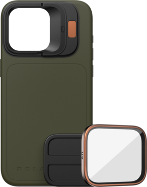 PolarPro Kit - LiteChaser iPhone 15 Pro Case Forest is a dark green case with a square camera mount, black bezel, copper accents and removable UV filter.