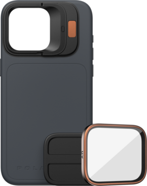 The PolarPro Kit - LiteChaser iPhone 15 Pro Case Ocean includes a dark case with a square camera mount, a removable lens mount accented with copper, and features a clear UV filter on the front of the case.
