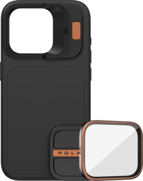 PolarPro Kit - LiteChaser iPhone 15 Pro Max case in black features a large camera cutout, orange button and removable square UV filter lens cover with orange accent and clear glass.