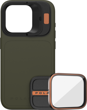800q-01_131135 The PolarPro package includes a LiteChaser iPhone 15 Pro Max case in Forest colour with a large square camera aperture, an orange highlight button and a UV filter lens accessory with a square black frame and orange details.
