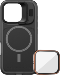 800q-01_131137 PolarPro Kit - LiteChaser iPhone 16 Pro Base Case Black sisältää MagSafe-kohdistusgrafiikan, irrotettavan kameran linssisuojan ja erillisen neliönmuotoisen UV-suodattimen metallisella kehyksellä.